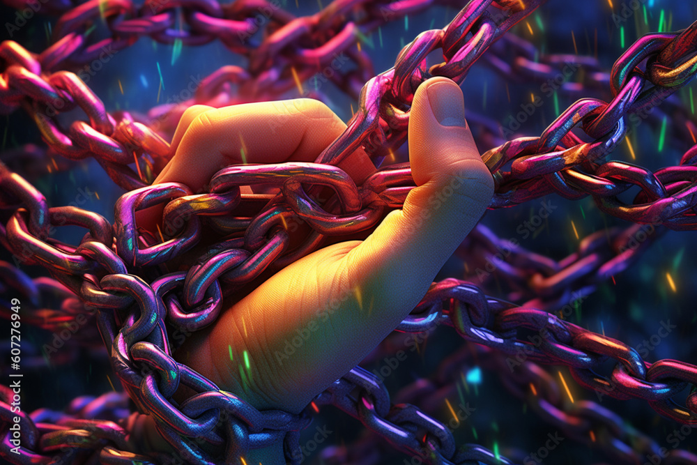 Poster human hand reaching out from a tangle of chains, symbolizing the desire for freedom and escape from 