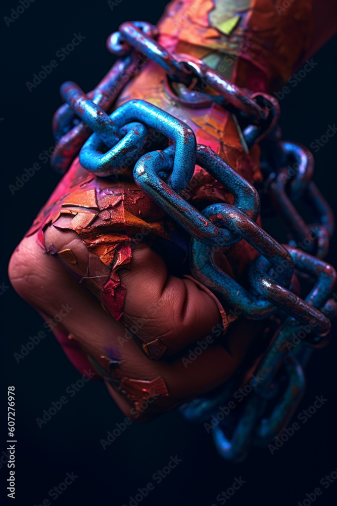 Poster a close-up photograph of a person's hand holding a broken chain, symbolizing the liberation from pas