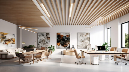 modern office with wood ceiling and grey furniture, in the style of white and beige, illusory images, matte background