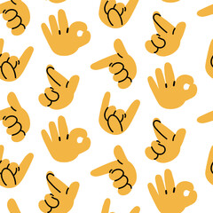 A pattern of hand signs rock, love, support, hold on, ok, up, gun, down, class and others with a black outline on a white background. Cartoon hands. Printing on textiles and paper