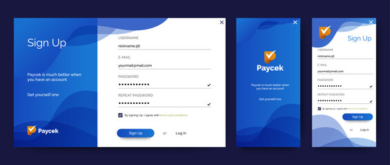 Set of Sign Up and Sign In forms. Blue gradient. Registration and login forms page. Professional web design, full set of elements. User-friendly design materials.	