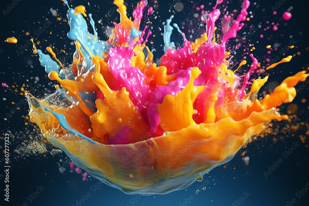 Fototapete a high-speed photograph capturing a vibrant mix of colored liquids splashing in mid-air, creating an