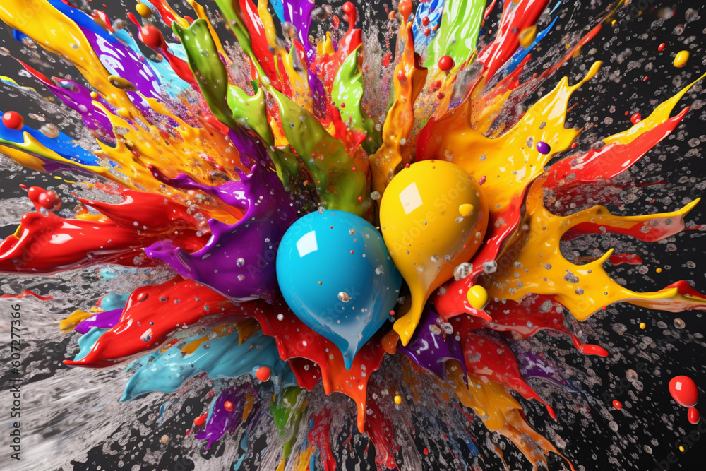 Poster  A composite image featuring multiple splashes of different colors converging at a central point, creating a visually mesmerizing and harmonious composition. Generative AI technology.