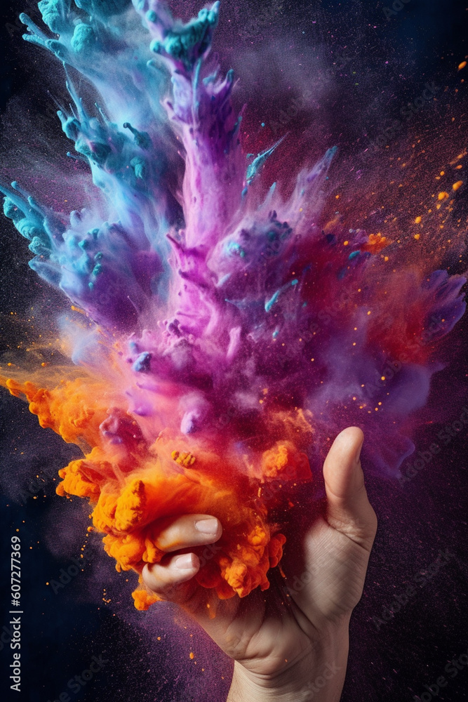 Poster a close-up photograph of a hand releasing a burst of colored powder into the air, generative ai tech