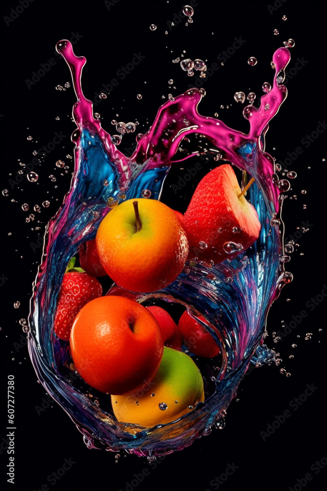 Poster  A high-speed photograph of a fruit being dropped into a container of colored water, capturing the moment of impact and the resulting colorful splash.  Generative AI technology.