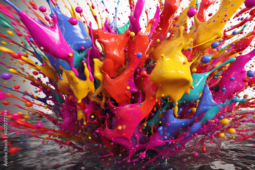 Leinwandbilder A digital artwork featuring a series of colorful paint splashes arranged in a cascading pattern, creating a visually dynamic and captivating composition.  Generative AI technology.