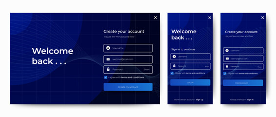 Set of Sign Up and Sign In forms. Blue-Gray gradient. Mobile Registration and login forms page. Professional web design, full set of elements. User-friendly design materials.
