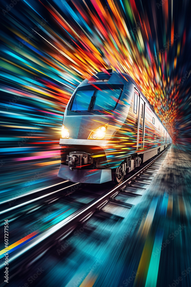 Poster  An abstract representation of a train in motion, using geometric shapes and vibrant colors to convey its energy and speed.  Generative AI technology.