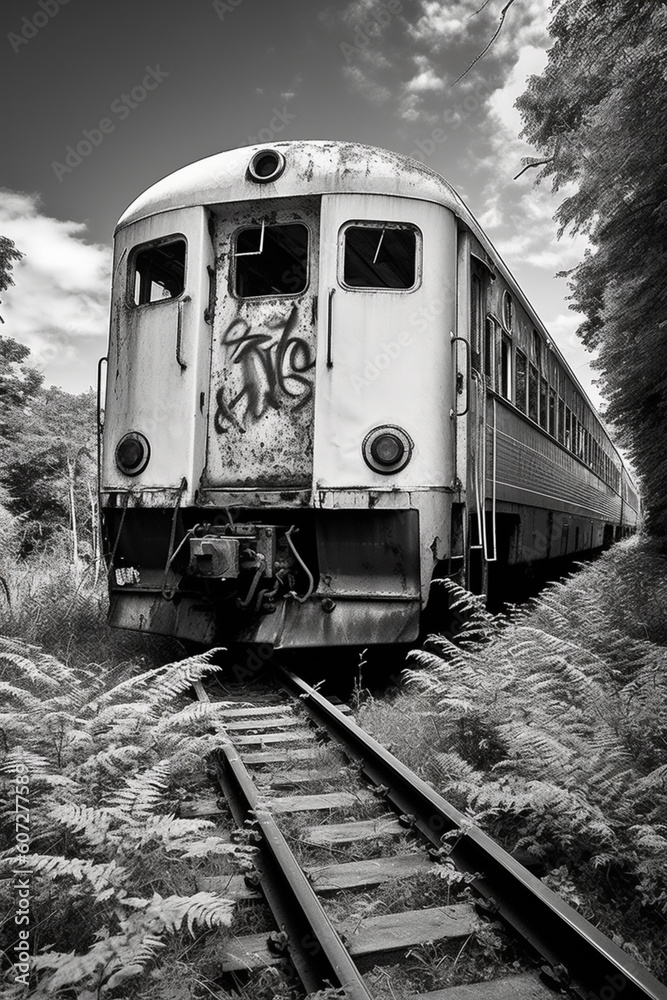 Poster a black and white image of an old abandoned train, covered in rust and overgrown with vegetation, ev