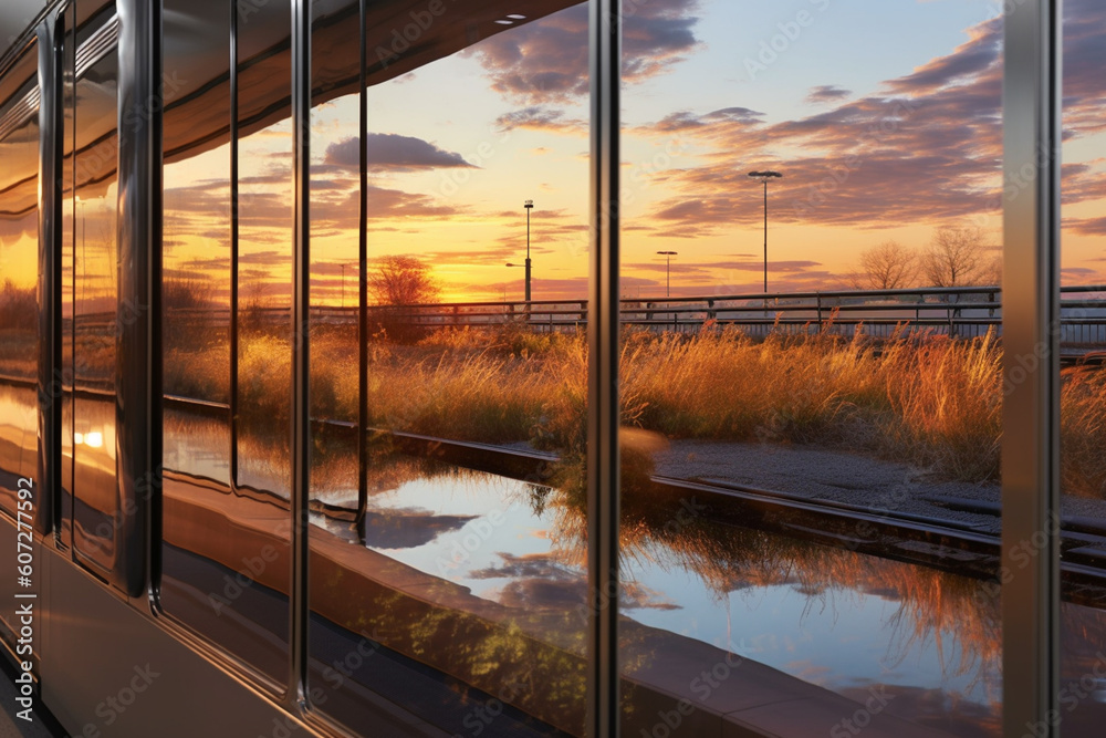 Poster a close-up photograph of a train window, capturing the reflection of passing landscapes, creating a 