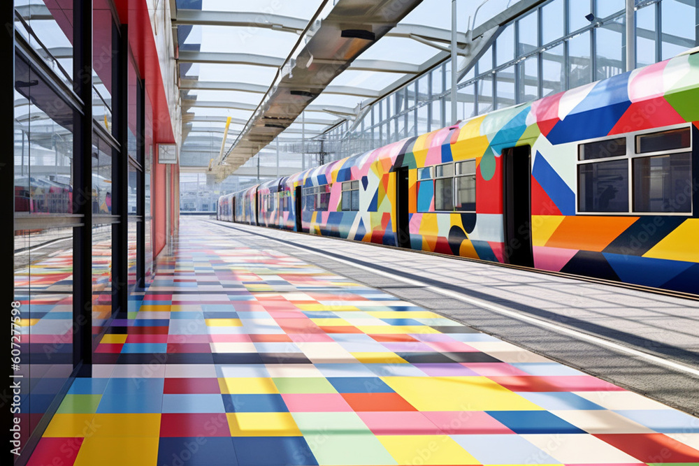 Fototapete an abstract representation of a train station, using geometric shapes and patterns to create . gener