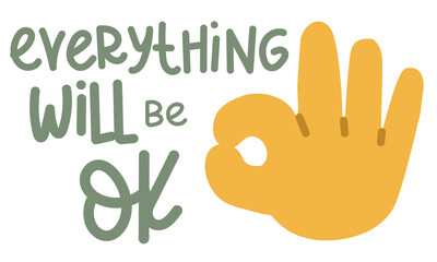 A banner with an illustration of a large cartoon hand that shows a sign of approx. An open hand with the thumb and forefinger joined, the ok sign, everything is fine. Inspiring, supportive banner. OK