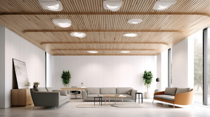 Naklejka na ściany i meble modern office with wood ceiling and grey furniture, in the style of white and beige, illusory images, matte background