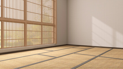 Empty Japanese style room with tatami mat floor, wood shoji window in sunlight, grills shadow on white wall for East Asian interior design decoration, architecture, product display background 3D