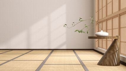 Empty traditional Japanese room with tatami mat floor, wood shoji window, teak side table, white vase, tree twig in sunlight for East Asian interior design decoration, product display background 3D