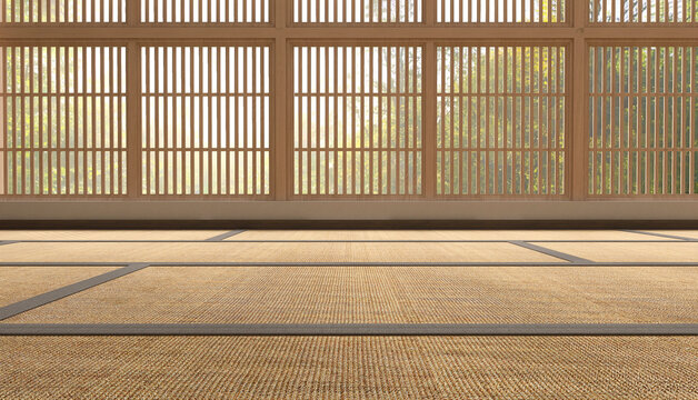 Close up of Japanese tatami mat floor, wooden frame shoji window in sunlight with green tree view for East Asian interior design decoration, architecture, product display background 3D