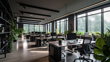 office cubicles in a open plan 3d illustration, in the style of dark gray and white, photo-realistic landscapes, unprimed canvas, angular