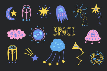Outer Space cute cosmic hand drawn doodles set.