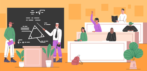 Cartoon students listen lecture. Auditorium with professor and listeners. Guy answers at blackboard. Math lesson. Classmates sitting at class desks. University education. Vector concept