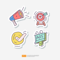 advertising and marketing sticker doodle icon set with megaphone, dart goal and target audience, right check tick mark, outdoor billboard. business and target market vector illustration