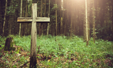Cross in forest . Easter background concept and The crosses sign.