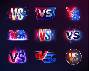VS or versus badge, icon with flame and sparks. Fighting sport battle, challenge or competition text symbol, conflict or contest symbol, MMA fight announce vector sign with fire, lightning strike