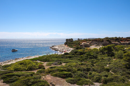 Sveti Jerolim Island in Brijuni National Park with Beach and Green Plant. Brionian Island with Adriatic Sea during Summer Sunny Vacation in Croatia.