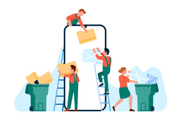 Cleaning up digital memory, email and messages delete, people move unwanted files and information to trash. Huge smartphone and tiny men and women, cartoon flat isolated vector concept