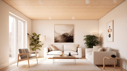 room interior contemporary living room flat, in the style of varying wood grains, light gray and white, ludwig mies van der rohe, photo-realistic hyperbole, studyplace, new contemporary - obrazy, fototapety, plakaty