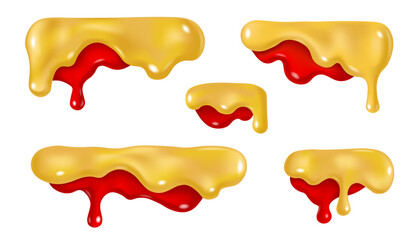 Dripping ketchup and mustard sauce design. Vector 3d liquid paint stain illustration. Realistic horizontal border elments set isolated.