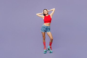 Full body fun young latin woman she wear red casual clothes rollers rollerblading hold hands on head close eyes rest isolated on plain pastel purple background. Summer sport lifestyle leisure concept.