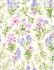 Fototapeta na wymiar Beautiful floral seamless pattern with hand drawn watercolor wild herbs and flowers. Stock illustration.