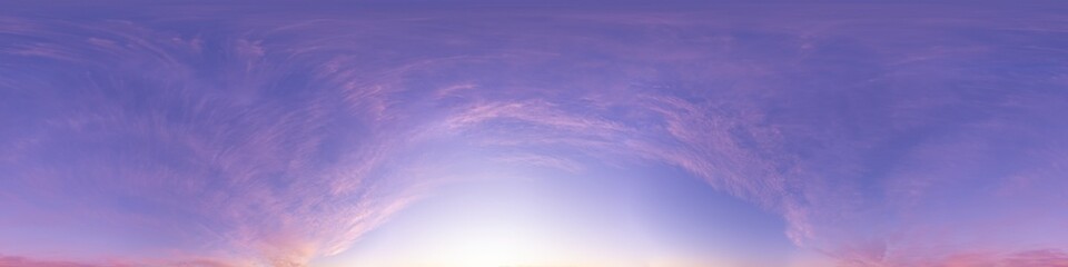 Obraz premium Sunset sky panorama with dramatic bright glowing pink Cirrus clouds. HDR 360 seamless spherical panorama. Full zenith or sky dome for 3D visualization, sky replacement for aerial drone panoramas.
