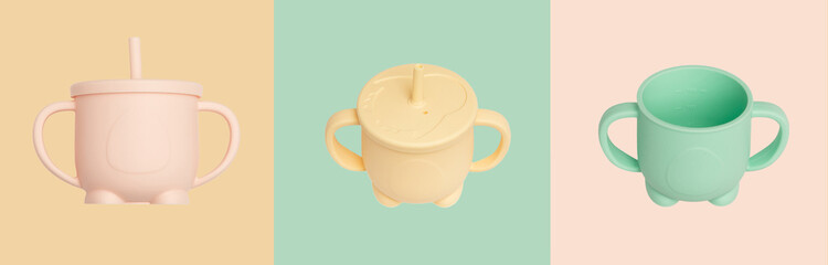 Baby cups of different colors made of silicone on a white background