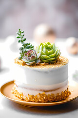 Cake with succulent decoration generative AI illustration.