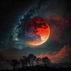 Red Moon in the Night, black sky, moon and stars  - AI Generative