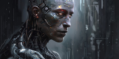 Cyborg man. Ai robot sci-fi technology paining style illustration created with generative ai