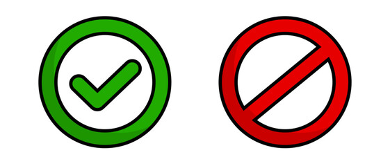 Flat design check mark and prohibited mark icon set. Vector.