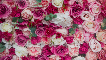 Obraz na płótnie Canvas Flower wall background with pink roses.