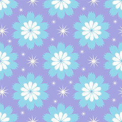 Seamless winter flower pattern of doodle blue and white flowers on pastel violet. Vector illustration of repeat floral background for cover, scrapbooking, wrapping paper, textile, print design.