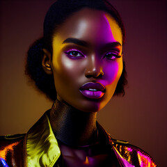 Fashion portrait beautiful black woman, look at camera, in neon studio lighting. Generate Ai.