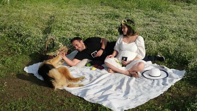 A playful Golden Retriever joins a pregnant woman in white and a man in black for a joyful picnic, while they celebrate their impending parenthood with a baby's ultrasound image, surrounded by flowers