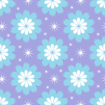 Seamless winter flower pattern of doodle blue and white flowers on pastel violet. Vector illustration of repeat floral background for cover, scrapbooking, wrapping paper, textile, print design.
