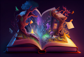 Illustration of a magical book that contains fantastic stories. Generate Ai