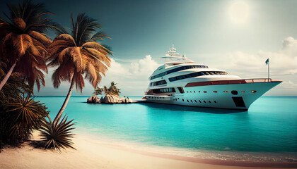 Fototapeta premium Luxury yacht docking on a paradise beach with turquoise waters and palm trees . Generate Ai