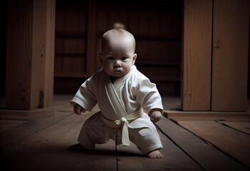 baby in a white kimono in a fighting position in a wooden dojo. Generate Ai - obrazy, fototapety, plakaty