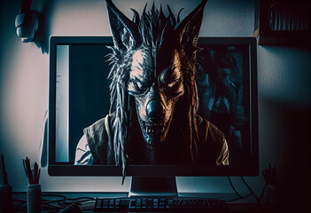 Wolf head behind a computer screen to symbolize a predator. Generate Ai