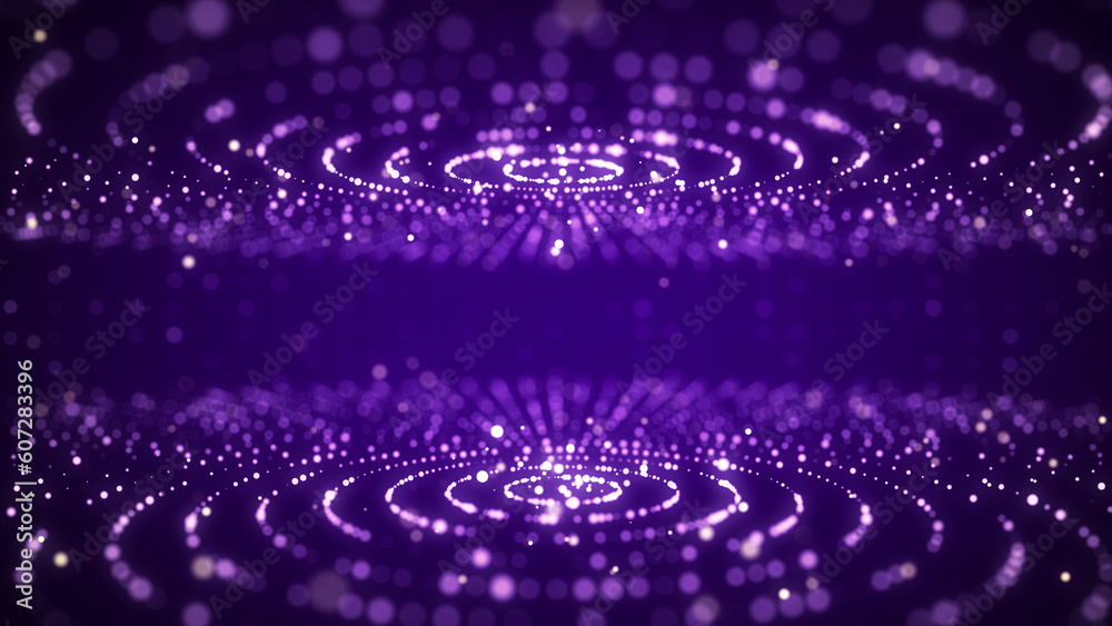 Poster Futuristic purple circular particle flow. Structure of network connections. Data compression technology. Big data visualization. 3D rendering.