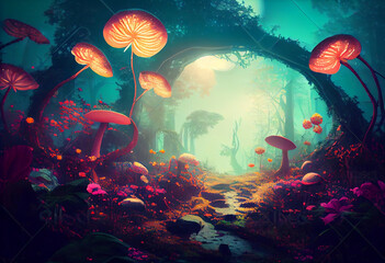 Obraz na płótnie Canvas Photo fantasy landscape magical forest background with big flower. Generate Ai