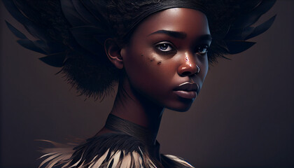 female face that stands out among the black goose feathers. Generate Ai.